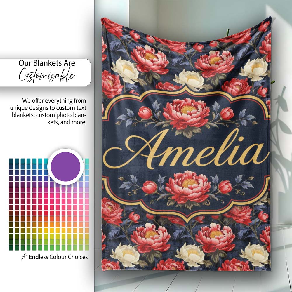 Bold Red and Cream Peony Floral on Dark Background Seamless Pattern Personalised Custom Name Super Soft Fleece Blanket Bed Sofa Throw