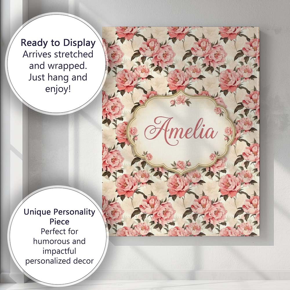 Personalised Name Delicate Pink Peony Custom Modern Room Accent Creative Decorator Style Canvas Wall Art Print Decor Picture Ready to Hang