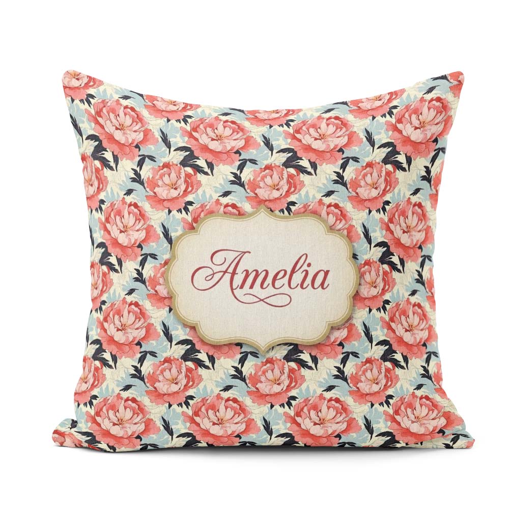 Custom Name Coral Peony Flowers with Blue Leaves Elegant Pattern Square Filled Cushion Throw Pillow Sofa Bed Home Decor Zip Washable UK Made