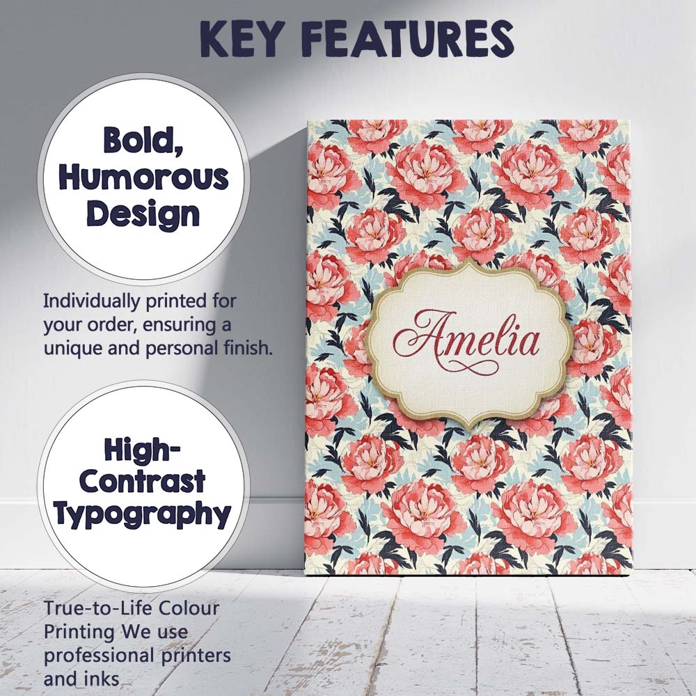 Personalised Name Coral Peony Flowers with Custom Unique Gift Idea Elegant Feature Canvas Wall Art Print Decor Picture Ready to Hang