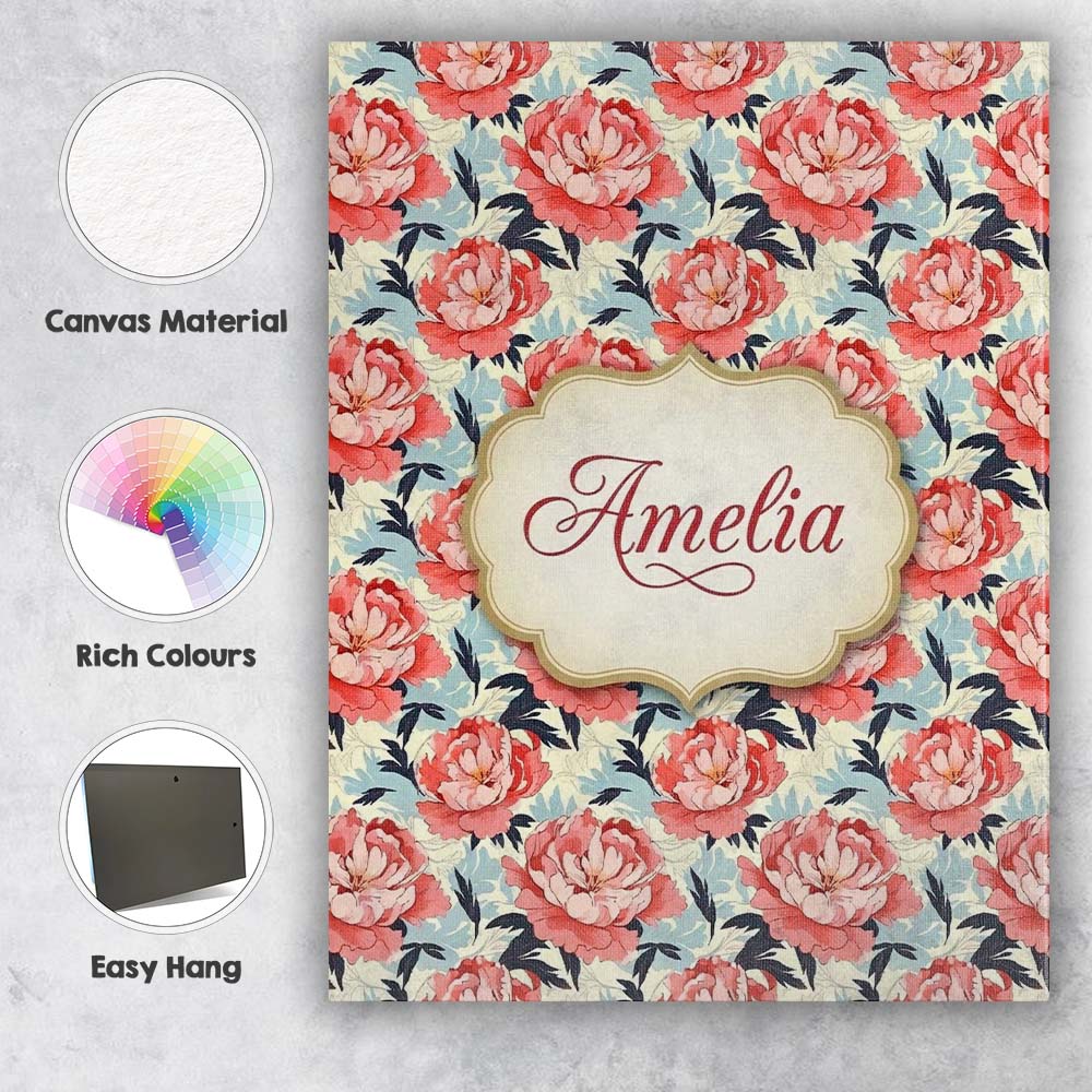 Personalised Name Coral Peony Flowers with Custom Unique Gift Idea Elegant Feature Canvas Wall Art Print Decor Picture Ready to Hang
