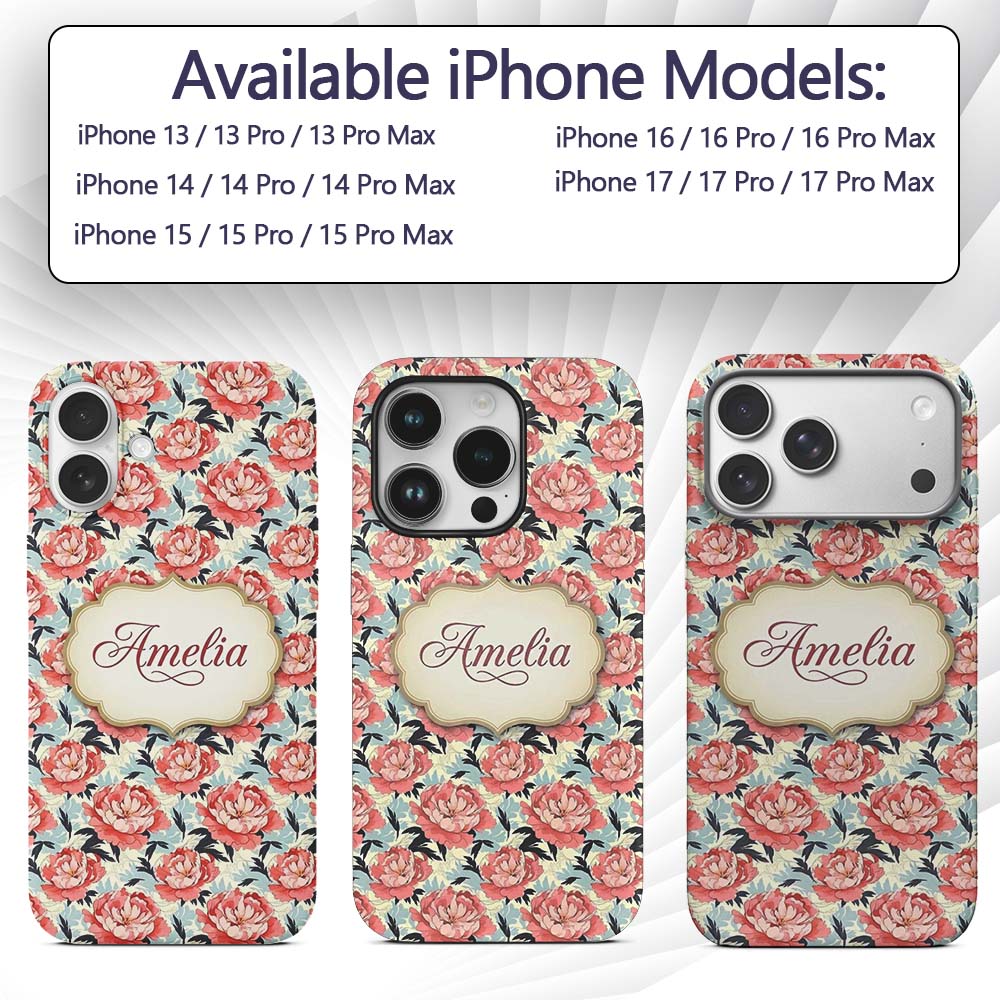 Coral Peony Flowers with Blue Leaves Elegant Custom Name Protective Phone Case Mobile Cover Durable Everyday Smartphone Shock Resistant