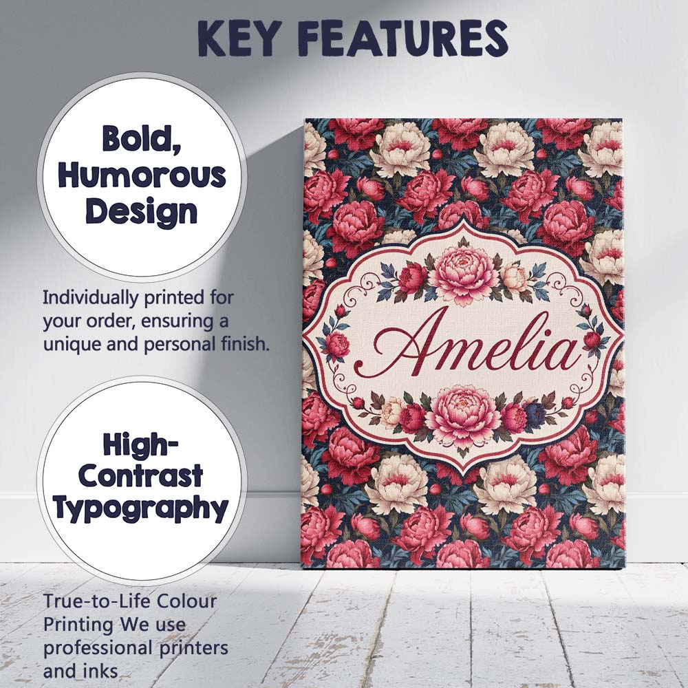 Personalised Name Rich Red and Cream Peony Custom Unique Gift Idea Elegant Feature Canvas Wall Art Print Decor Picture Ready to Hang