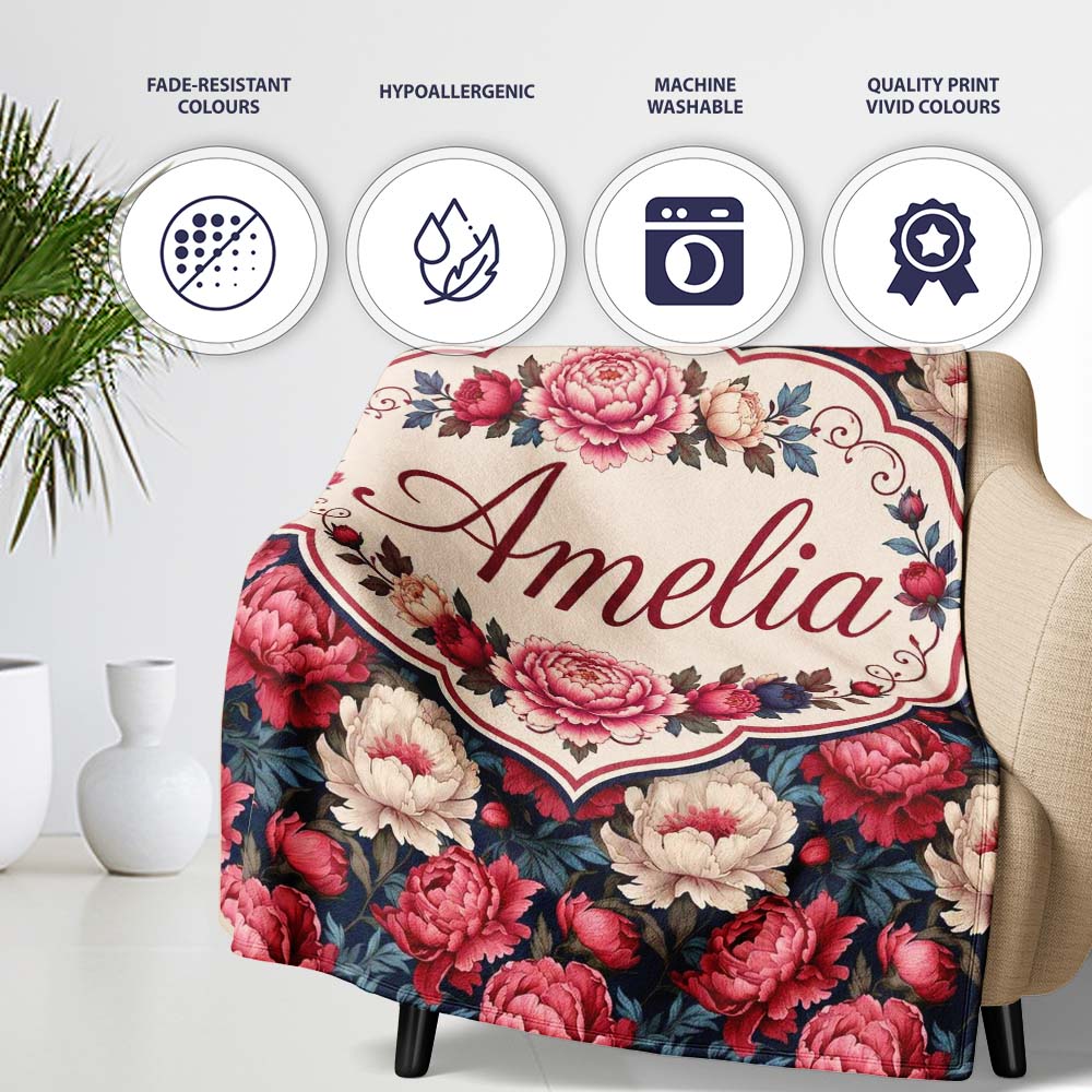 Rich Red and Cream Peony Flowers on Dark Navy Background Seamless Personalised Custom Name Super Soft Fleece Blanket Bed Sofa Throw