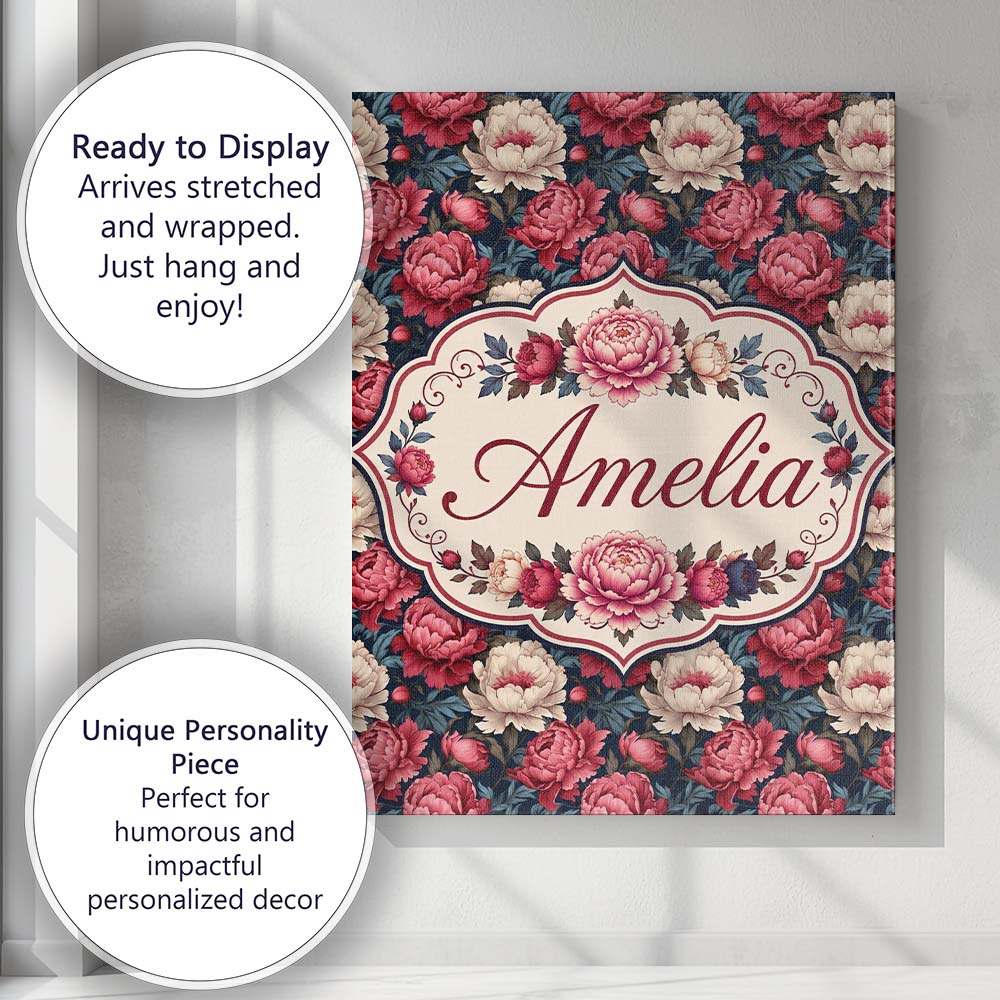 Personalised Name Rich Red and Cream Peony Custom Unique Gift Idea Elegant Feature Canvas Wall Art Print Decor Picture Ready to Hang