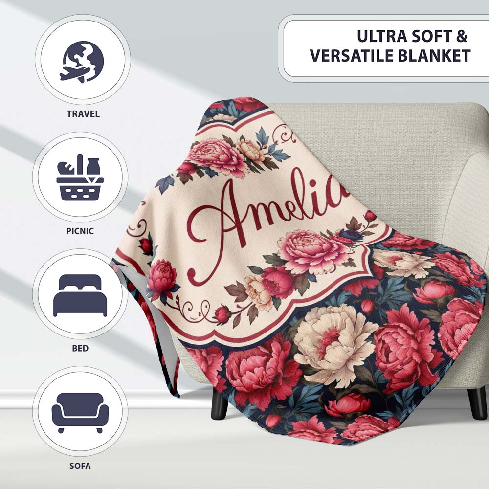Rich Red and Cream Peony Flowers on Dark Navy Background Seamless Personalised Custom Name Super Soft Fleece Blanket Bed Sofa Throw