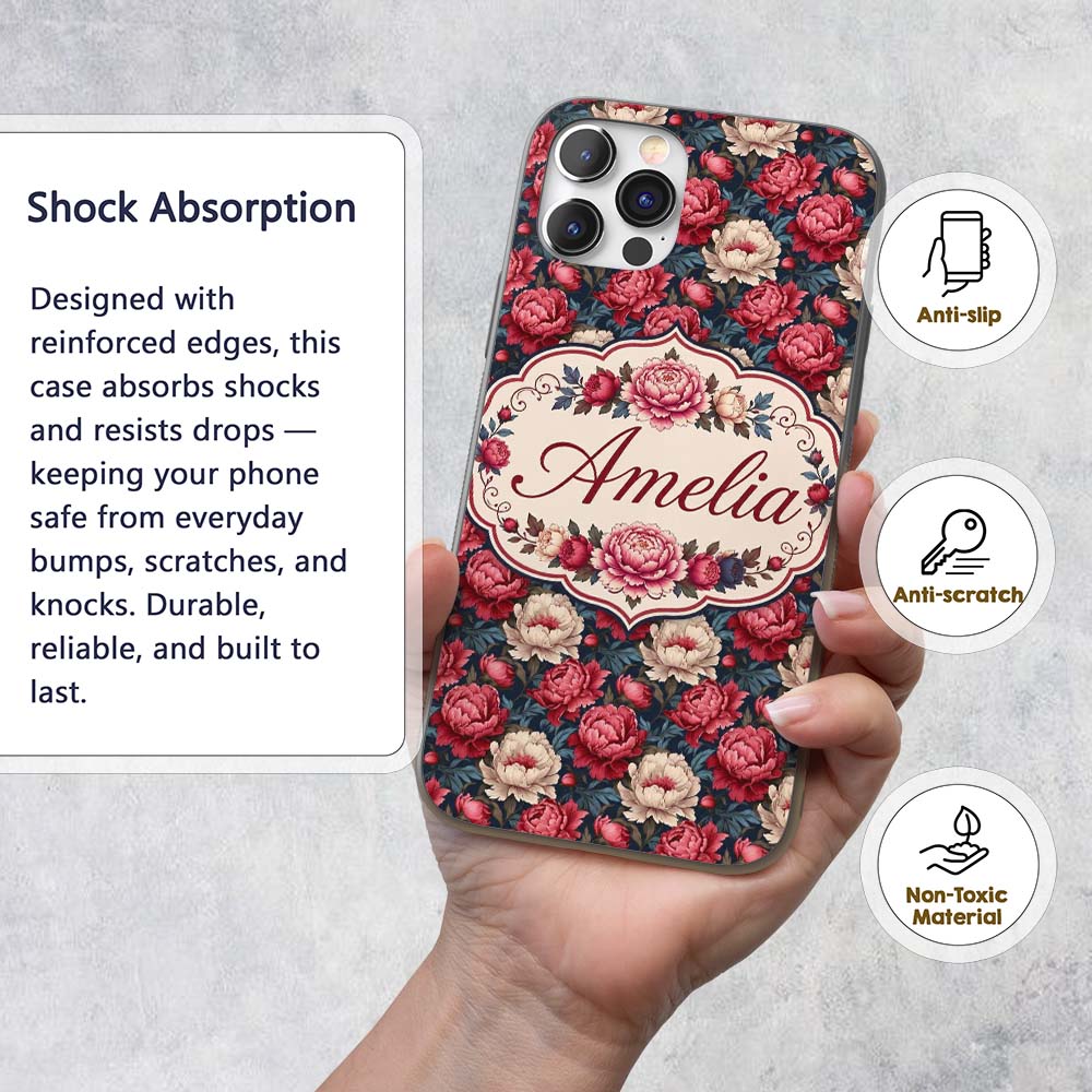 Rich Red and Cream Peony Flowers on Dark Navy Custom Name Protective Phone Case Mobile Cover Durable Everyday Smartphone Shock Resistant