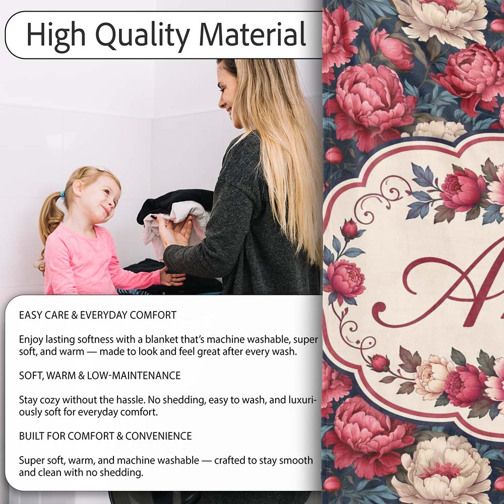 Rich Red and Cream Peony Flowers on Dark Navy Background Seamless Personalised Custom Name Super Soft Fleece Blanket Bed Sofa Throw