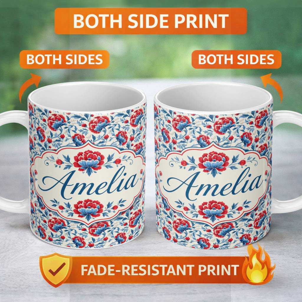 Personalized Custom Name Vintage Red and Blue Floral Blossom with Soft Beige Background 11oz Ceramic Coffee Tea Mug White Large Handle
