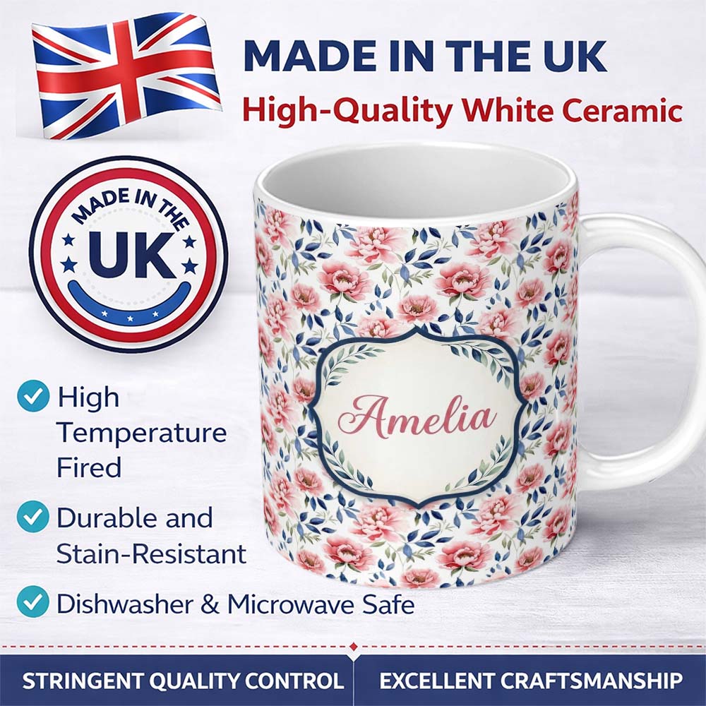 Personalized Custom Name Soft Pink Watercolor Peony Flowers with Blue Leaves Seamless 11oz Ceramic Coffee Tea Mug White Large Handle