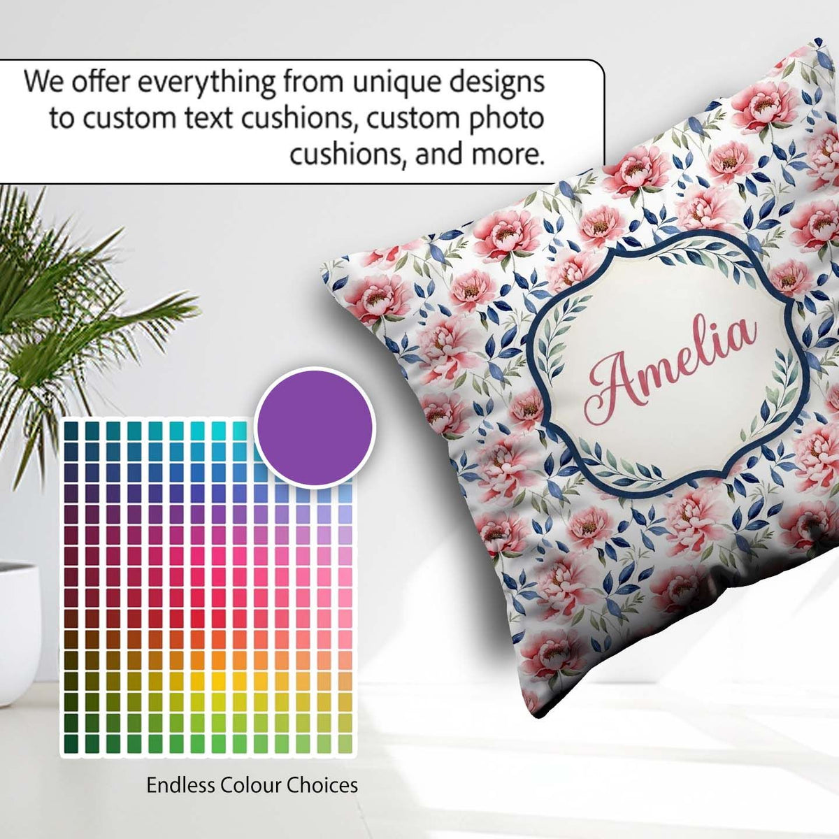 Custom Name Soft Pink Watercolor Peony with Blue Leaves Seamless Square Filled Cushion Throw Pillow Sofa Bed Home Decor Zip Washable UK Made