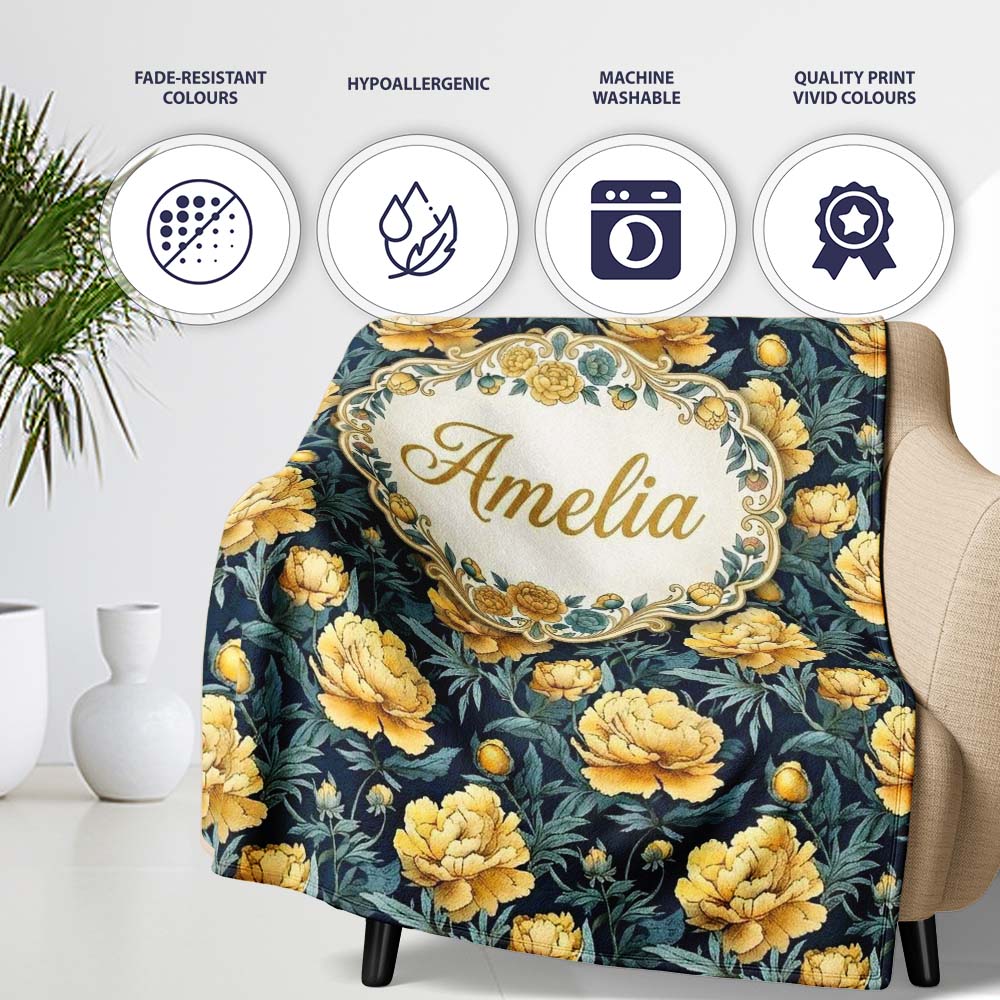 Golden Yellow Peony Flowers on Deep Blue Background Seamless Personalised Custom Name Super Soft Fleece Blanket Bed Sofa Throw