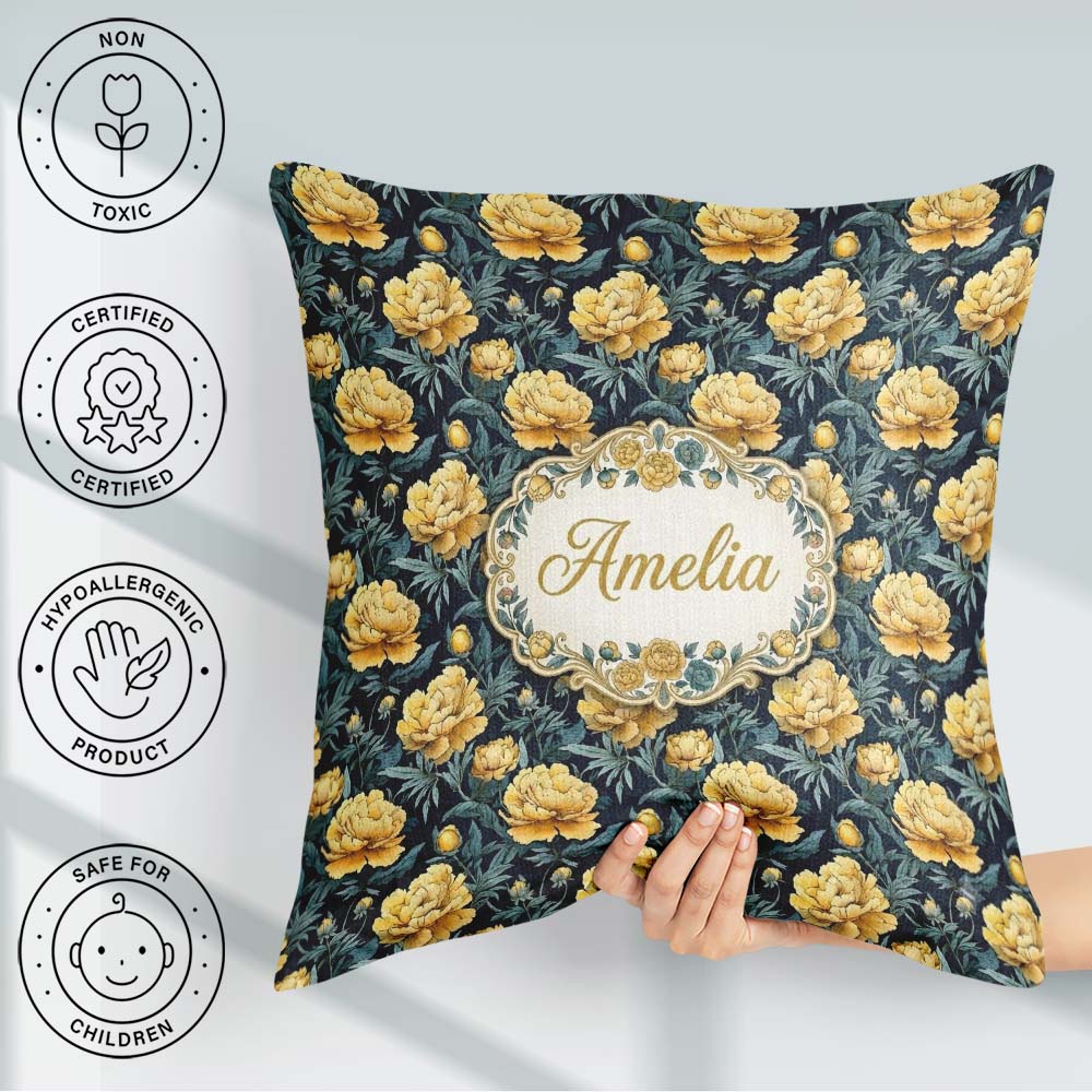 Custom Name Golden Yellow Peony on Deep Blue Background Seamless Square Filled Cushion Throw Pillow Sofa Bed Home Decor Zip Washable UK Made