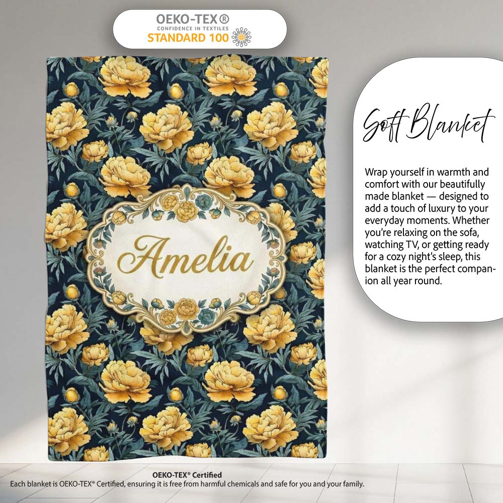 Golden Yellow Peony Flowers on Deep Blue Background Seamless Personalised Custom Name Super Soft Fleece Blanket Bed Sofa Throw