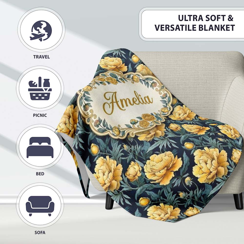 Golden Yellow Peony Flowers on Deep Blue Background Seamless Personalised Custom Name Super Soft Fleece Blanket Bed Sofa Throw