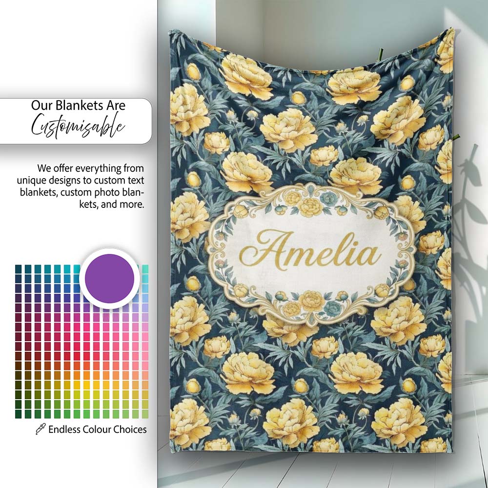 Golden Yellow Peony Flowers on Deep Blue Background Seamless Personalised Custom Name Super Soft Fleece Blanket Bed Sofa Throw