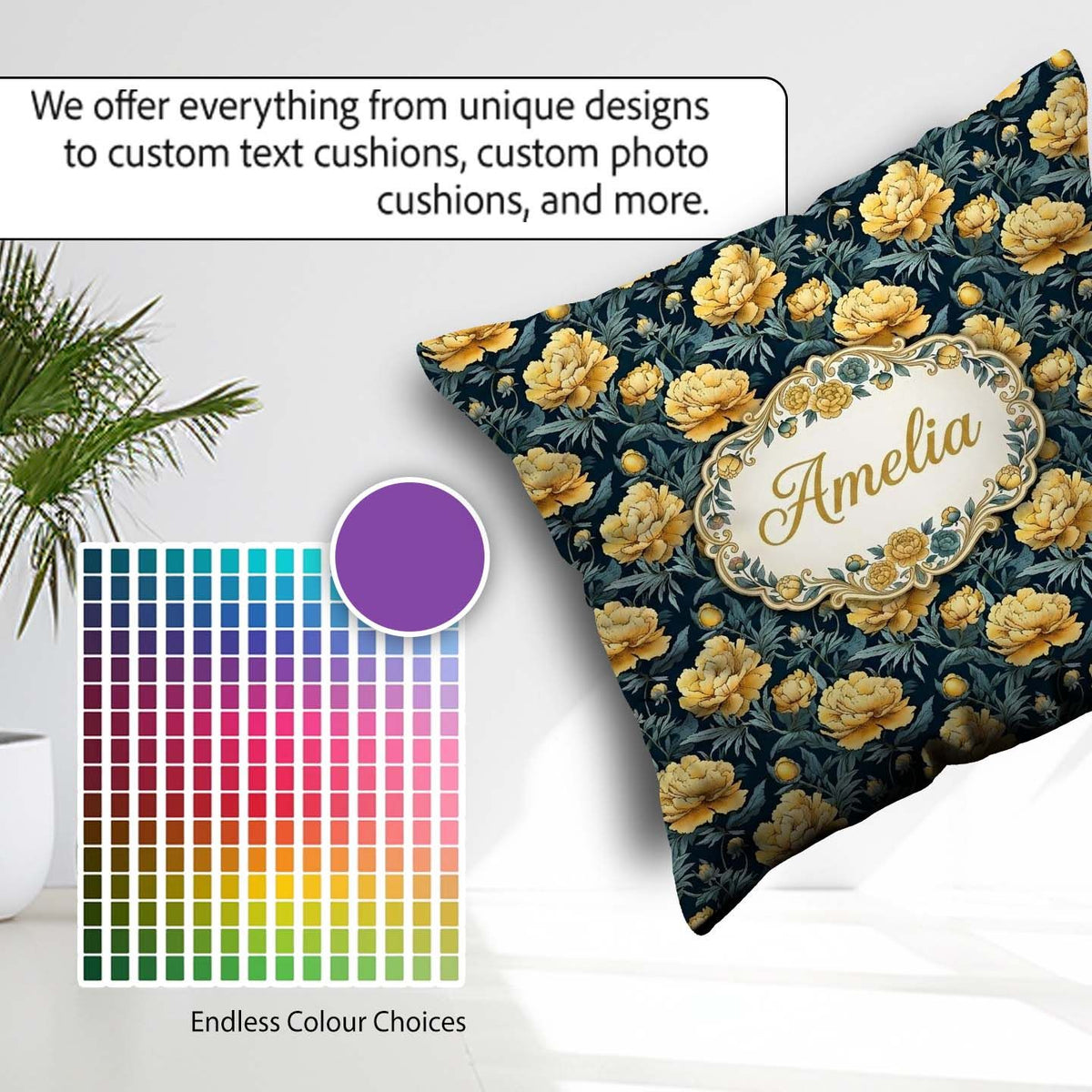 Custom Name Golden Yellow Peony on Deep Blue Background Seamless Square Filled Cushion Throw Pillow Sofa Bed Home Decor Zip Washable UK Made
