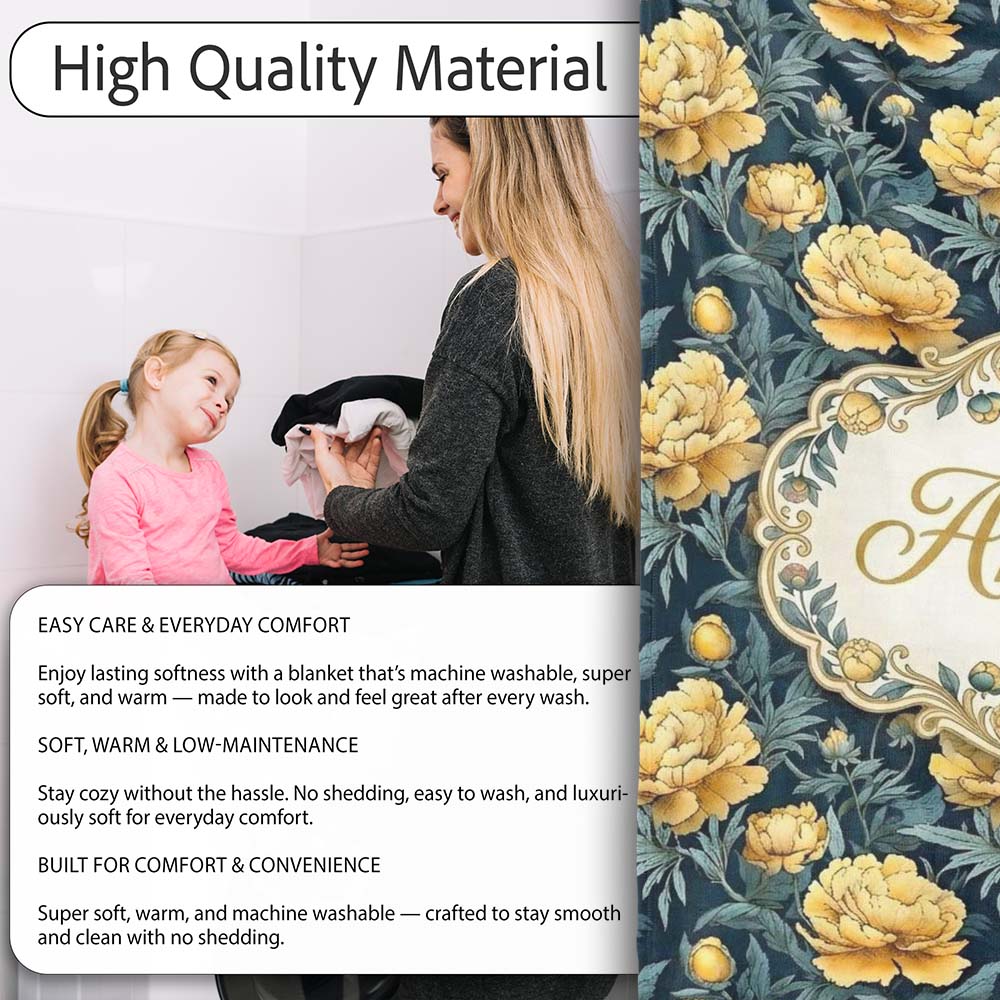 Golden Yellow Peony Flowers on Deep Blue Background Seamless Personalised Custom Name Super Soft Fleece Blanket Bed Sofa Throw