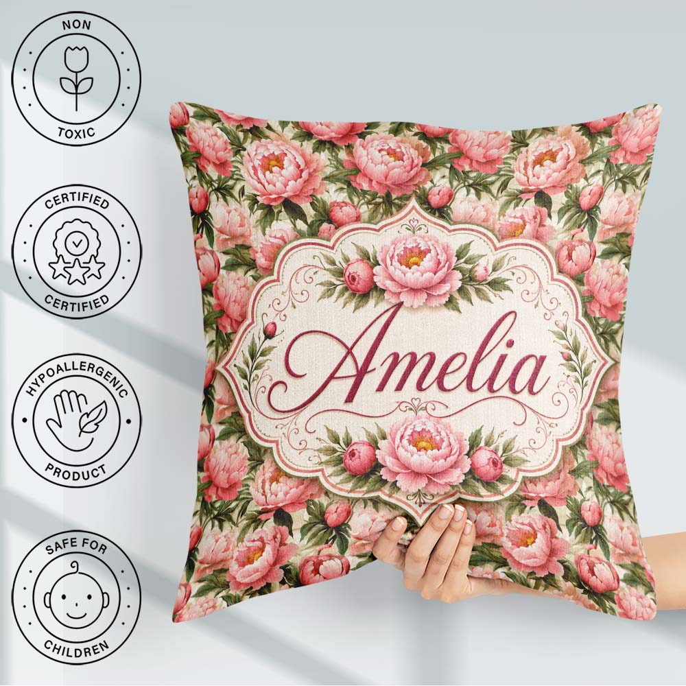 Custom Name Blush Pink Peony Flowers with Green Elegant Seamless Square Filled Cushion Throw Pillow Sofa Bed Home Decor Zip Washable UK Made