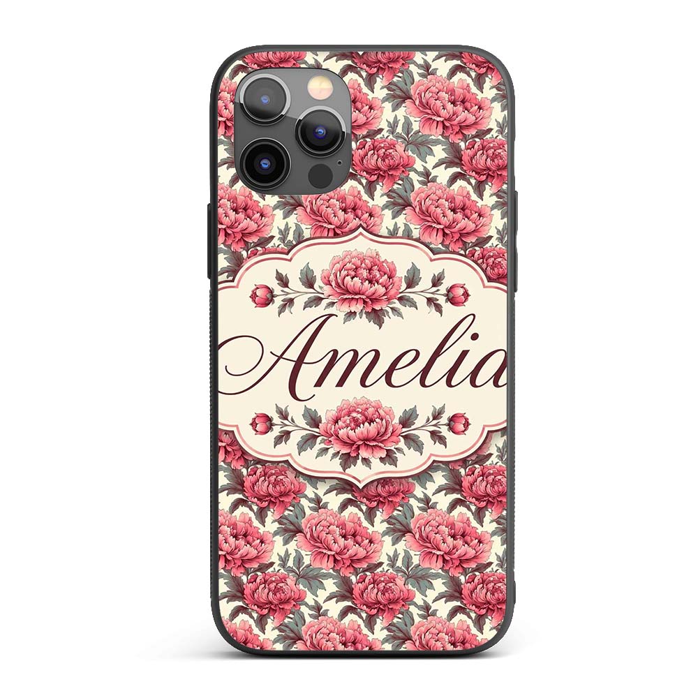 Classic Pink Peony Blooms with Sage Green Leaves Custom Name Protective Phone Case Mobile Cover Durable Everyday Smartphone Shock Resistant