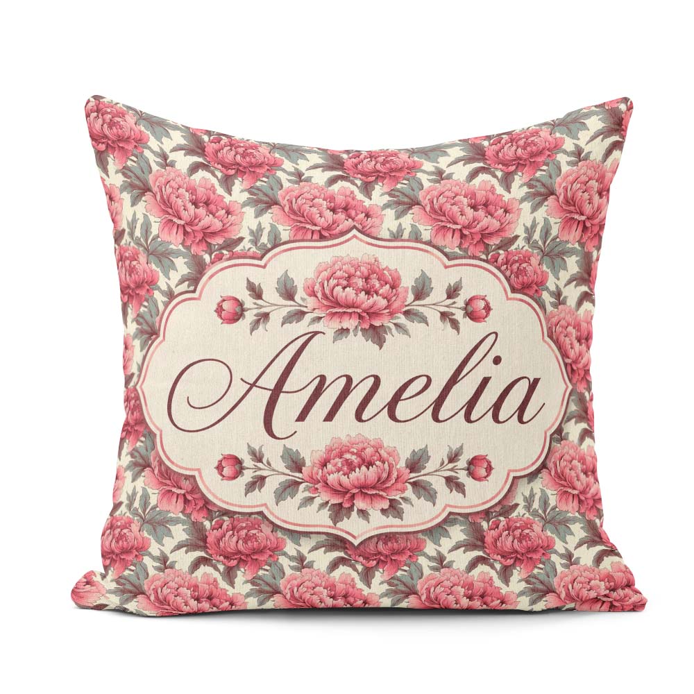 Custom Name Classic Pink Peony Blooms with Green Leaves Seamless Square Filled Cushion Throw Pillow Sofa Bed Home Decor Zip Washable UK Made