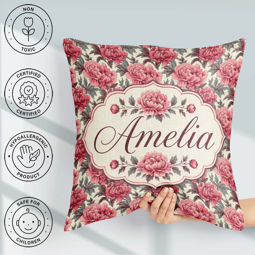 Custom Name Classic Pink Peony Blooms with Green Leaves Seamless Square Filled Cushion Throw Pillow Sofa Bed Home Decor Zip Washable UK Made