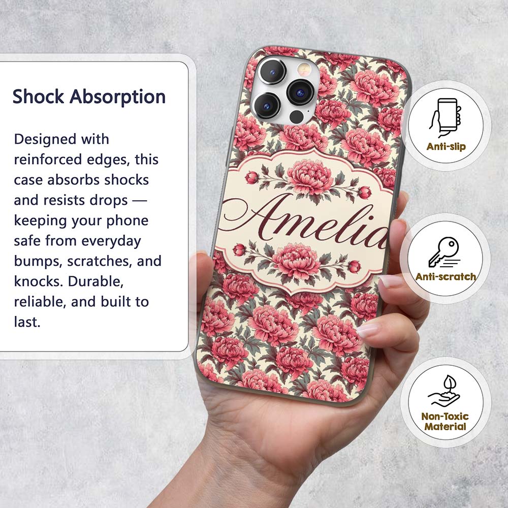Classic Pink Peony Blooms with Sage Green Leaves Custom Name Protective Phone Case Mobile Cover Durable Everyday Smartphone Shock Resistant