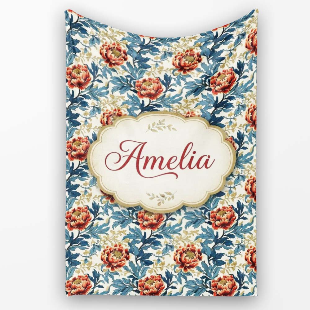 Red Floral Blossoms with Blue Leaves Vintage Style Seamless Pattern Personalised Custom Name Super Soft Fleece Blanket Bed Sofa Throw