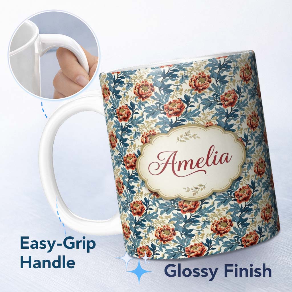 Personalized Custom Name Red Floral Blossoms with Blue Leaves Vintage Style Seamless Pattern 11oz Ceramic Coffee Tea Mug White Large Handle