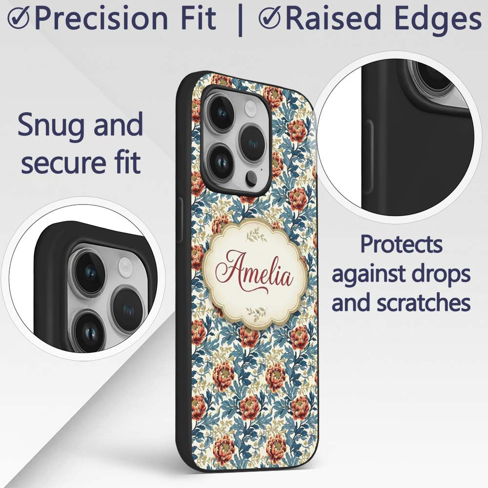 Red Floral Blossoms with Blue Leaves Vintage Custom Name Protective Phone Case Mobile Cover Durable Everyday Smartphone Shock Resistant