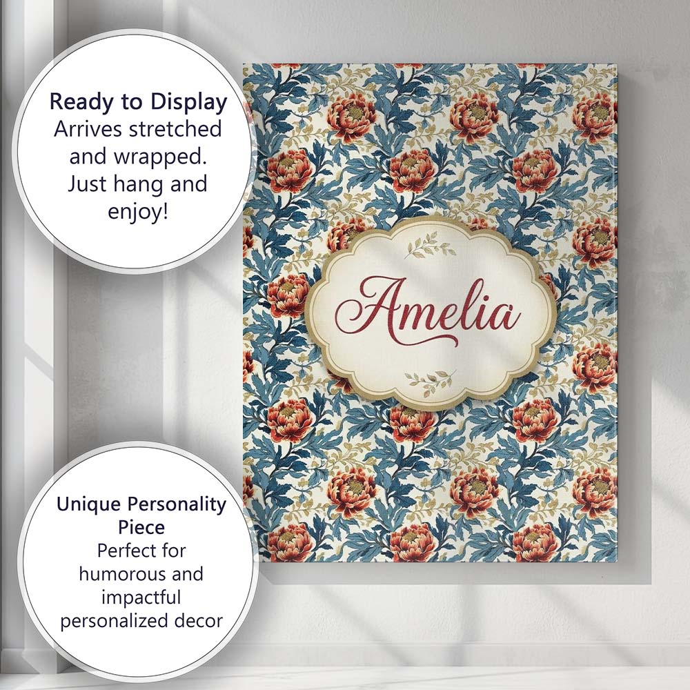 Personalised Name Red Floral Blossoms with Custom Unique Gift Idea Elegant Feature Canvas Wall Art Print Decor Picture Ready to Hang