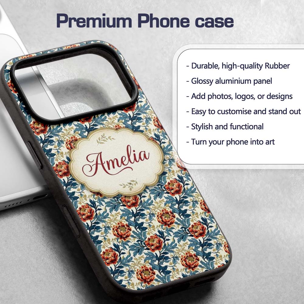 Red Floral Blossoms with Blue Leaves Vintage Custom Name Protective Phone Case Mobile Cover Durable Everyday Smartphone Shock Resistant