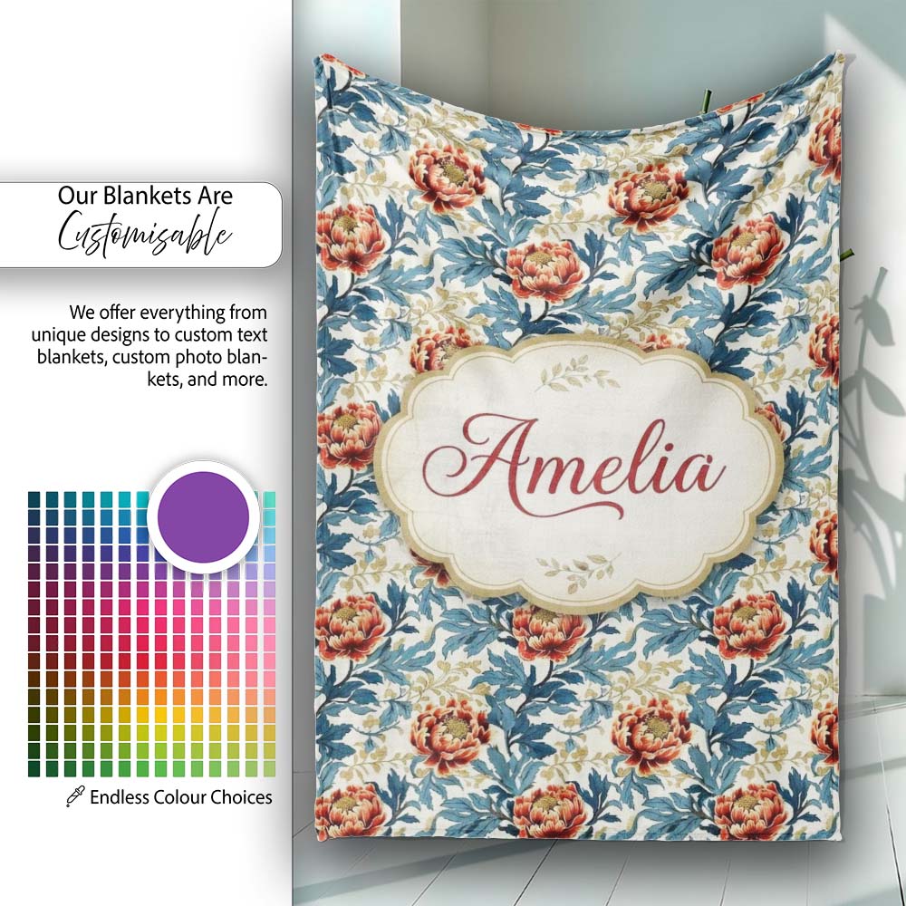 Red Floral Blossoms with Blue Leaves Vintage Style Seamless Pattern Personalised Custom Name Super Soft Fleece Blanket Bed Sofa Throw
