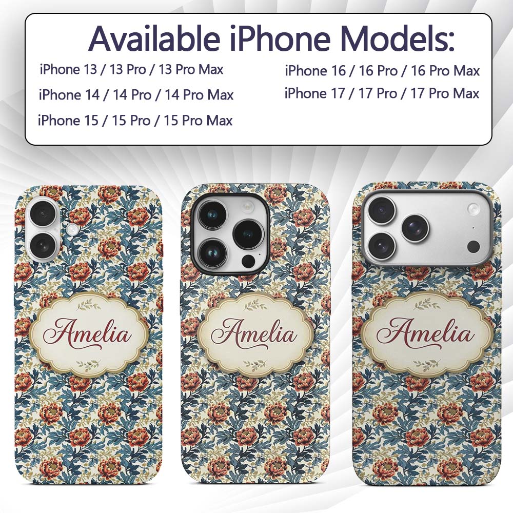 Red Floral Blossoms with Blue Leaves Vintage Custom Name Protective Phone Case Mobile Cover Durable Everyday Smartphone Shock Resistant