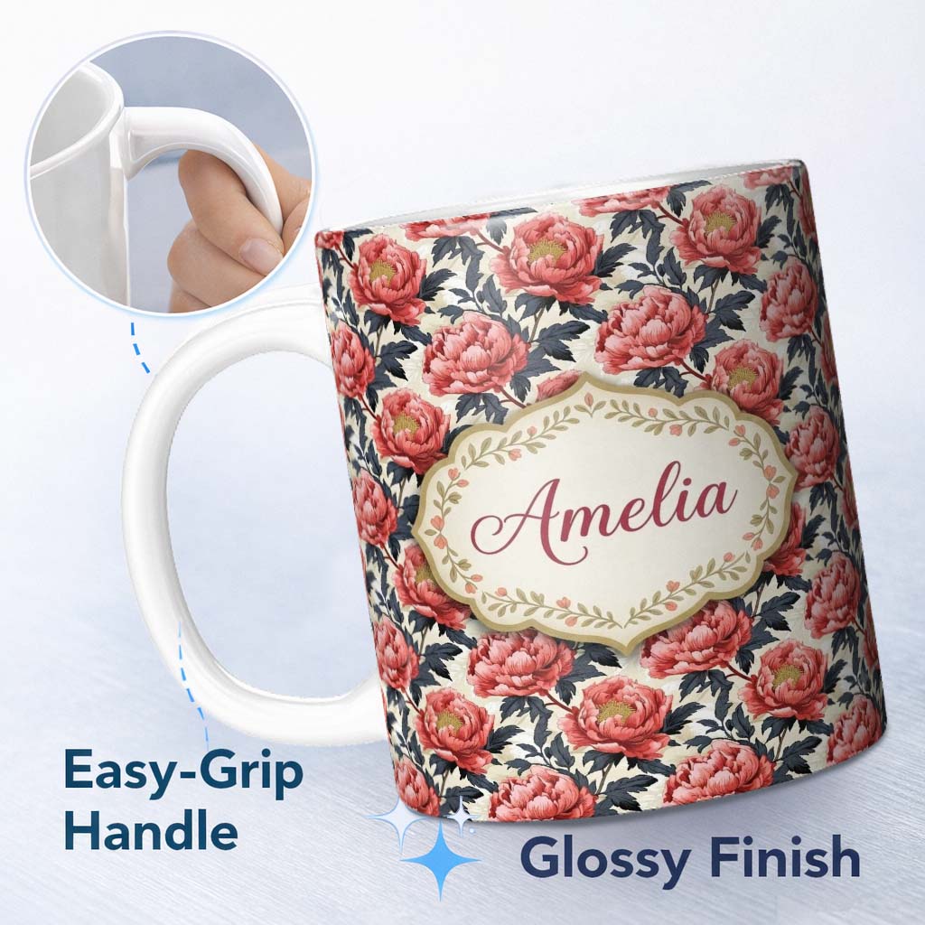 Personalized Custom Name Coral Red Peony Flowers with Dark Leaves Seamless Pattern Custom 11oz Ceramic Coffee Tea Mug White Large Handle