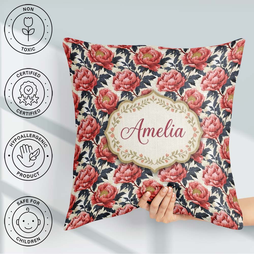 Custom Name Coral Red Peony Flowers with Leaves Seamless Pattern Square Filled Cushion Throw Pillow Sofa Bed Home Decor Zip Washable UK Made