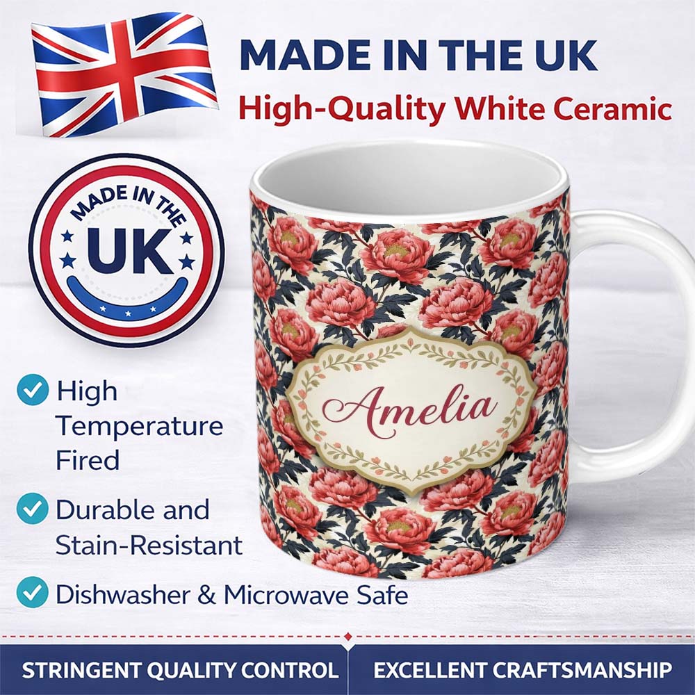 Personalized Custom Name Coral Red Peony Flowers with Dark Leaves Seamless Pattern Custom 11oz Ceramic Coffee Tea Mug White Large Handle