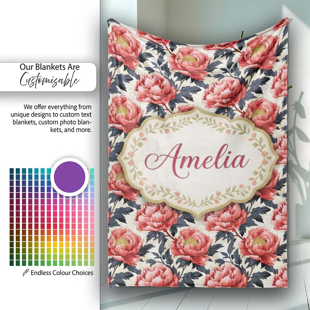 Coral Red Peony Flowers with Dark Leaves Seamless Pattern Custom Personalised Custom Name Super Soft Fleece Blanket Bed Sofa Throw