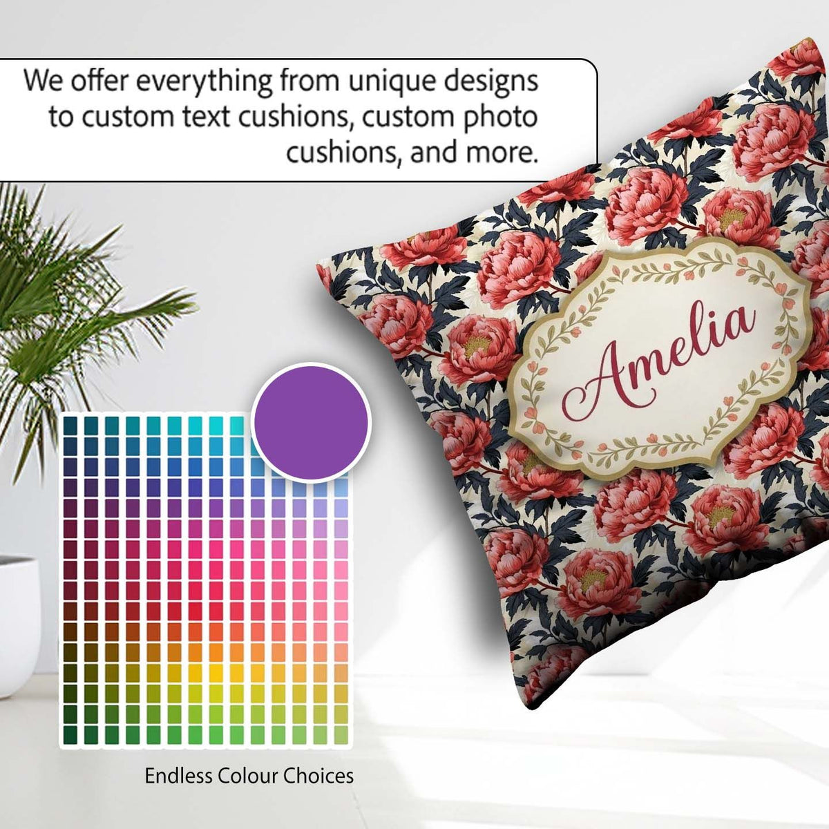 Custom Name Coral Red Peony Flowers with Leaves Seamless Pattern Square Filled Cushion Throw Pillow Sofa Bed Home Decor Zip Washable UK Made