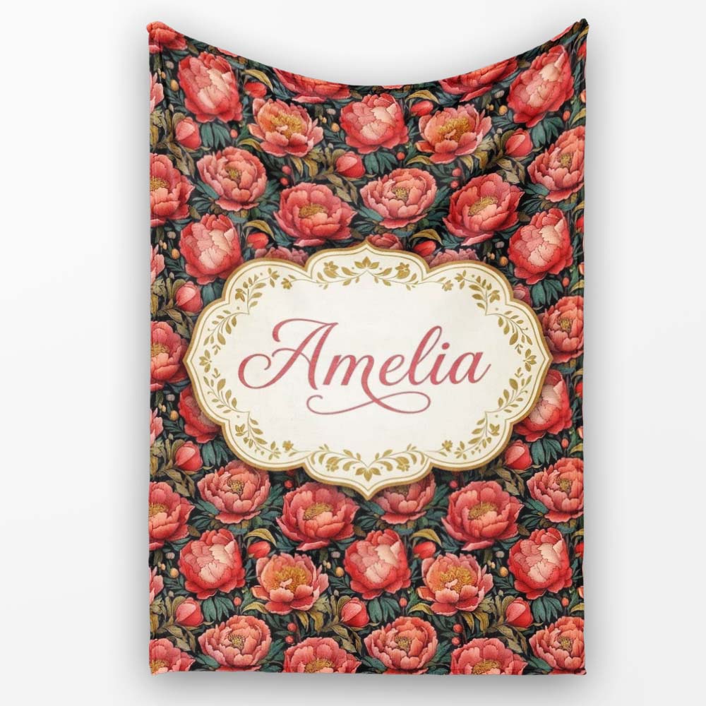 Deep Coral Peony Flowers with Dark Green Leaves Seamless Pattern Personalised Custom Name Super Soft Fleece Blanket Bed Sofa Throw