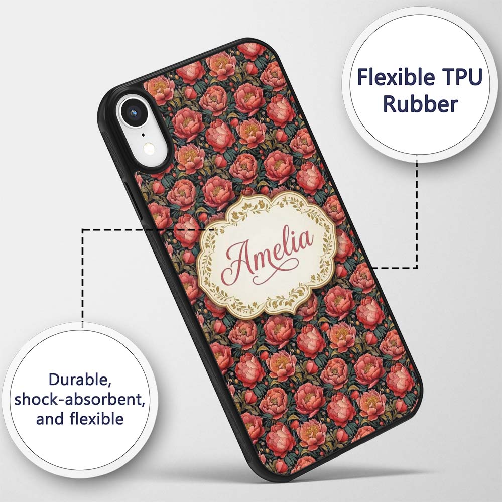 Deep Coral Peony Flowers with Dark Green Leaves Custom Name Protective Phone Case Mobile Cover Durable Everyday Smartphone Shock Resistant