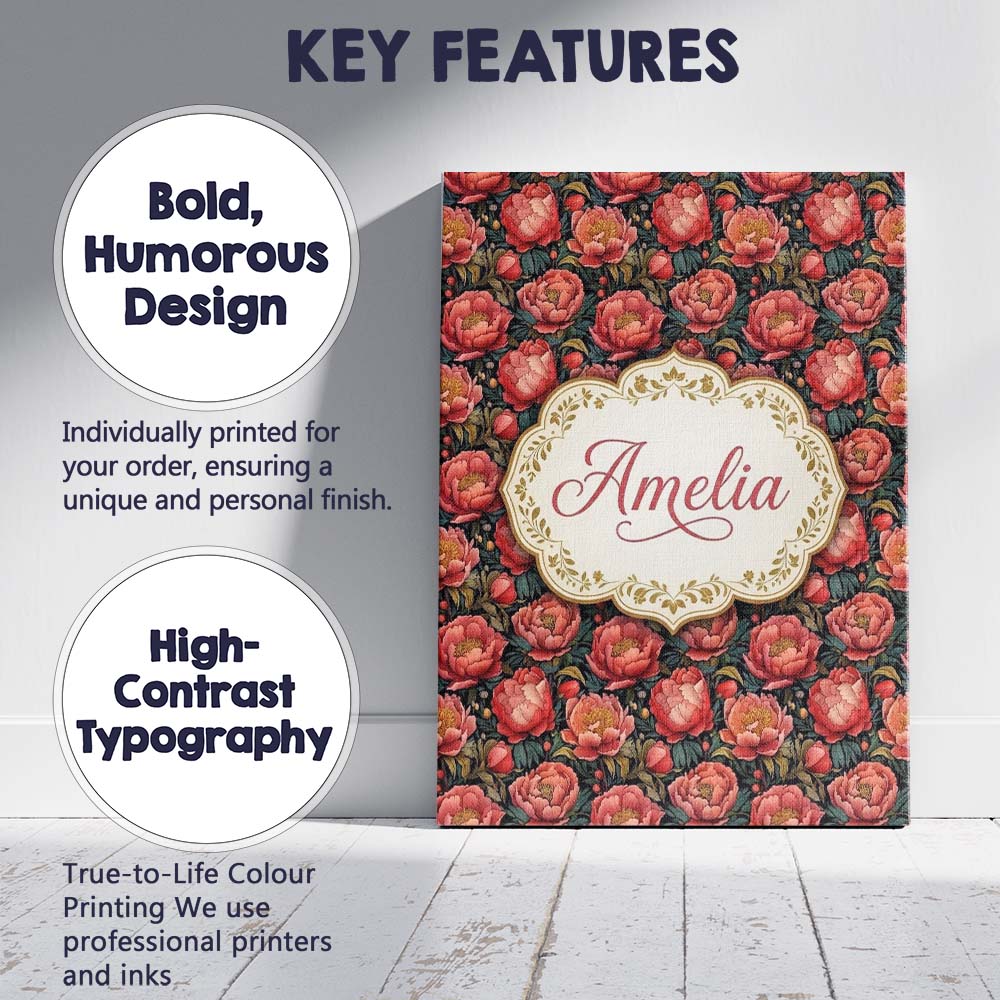 Personalised Name Deep Coral Peony Flowers Custom Unique Gift Idea Elegant Feature Canvas Wall Art Print Decor Picture Ready to Hang