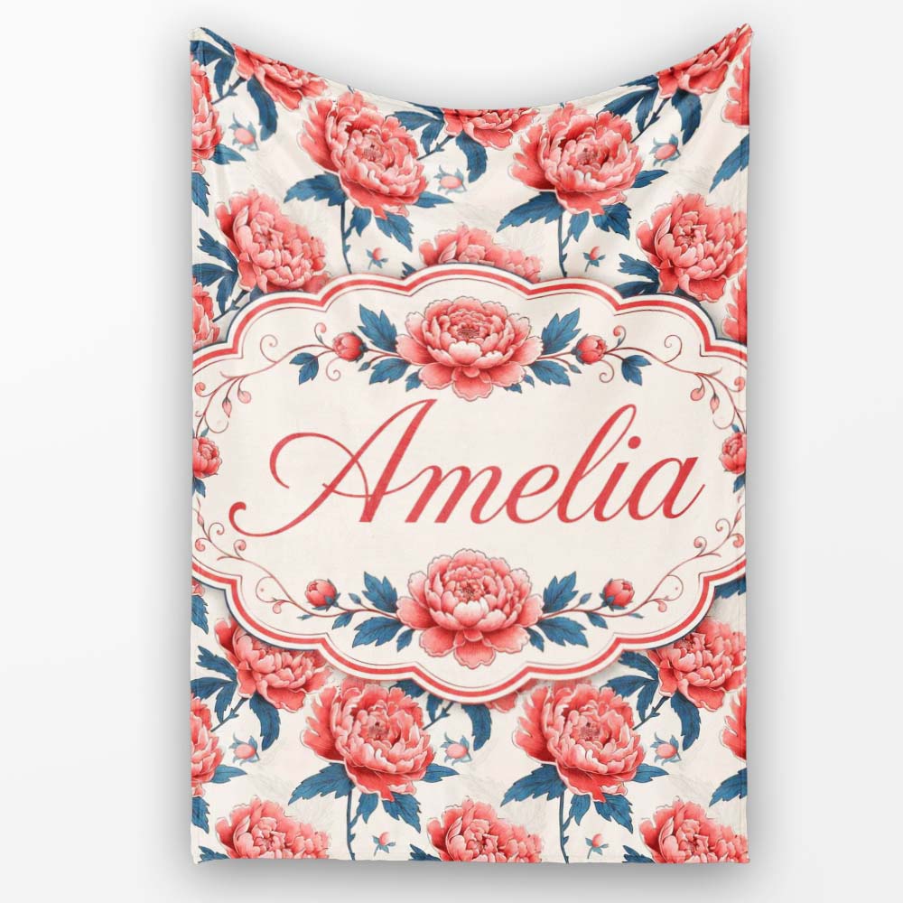 Elegant Coral Peony Flowers with Blue Leaves Soft Beige Seamless Personalised Custom Name Super Soft Fleece Blanket Bed Sofa Throw