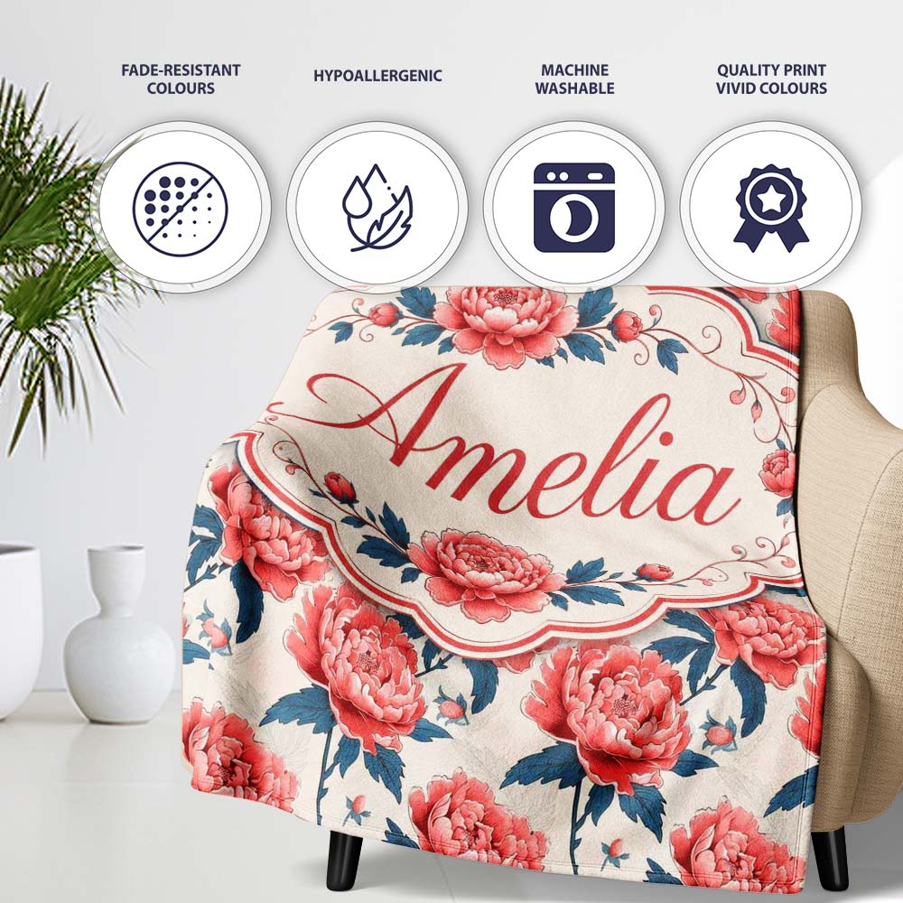 Elegant Coral Peony Flowers with Blue Leaves Soft Beige Seamless Personalised Custom Name Super Soft Fleece Blanket Bed Sofa Throw