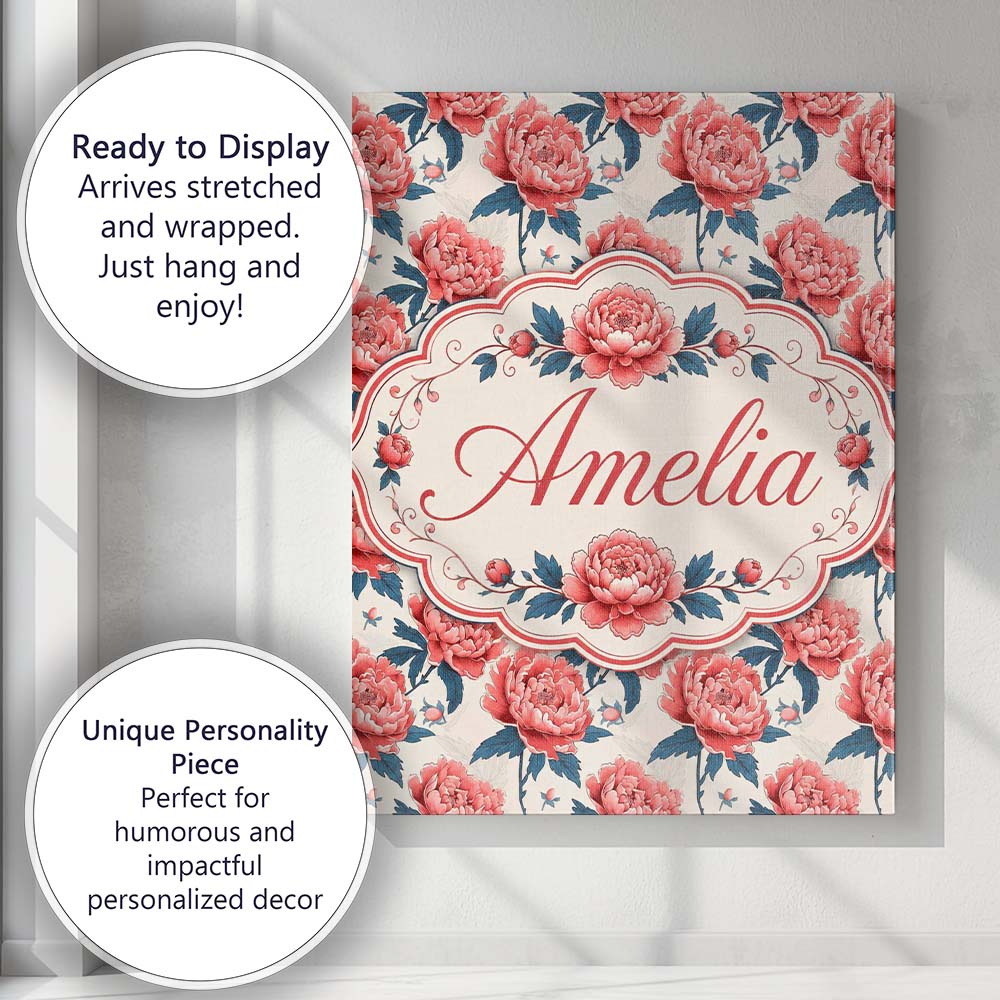 Personalised Name Elegant Coral Peony Custom Modern Room Accent Creative Decorator Style Canvas Wall Art Print Decor Picture Ready to Hang