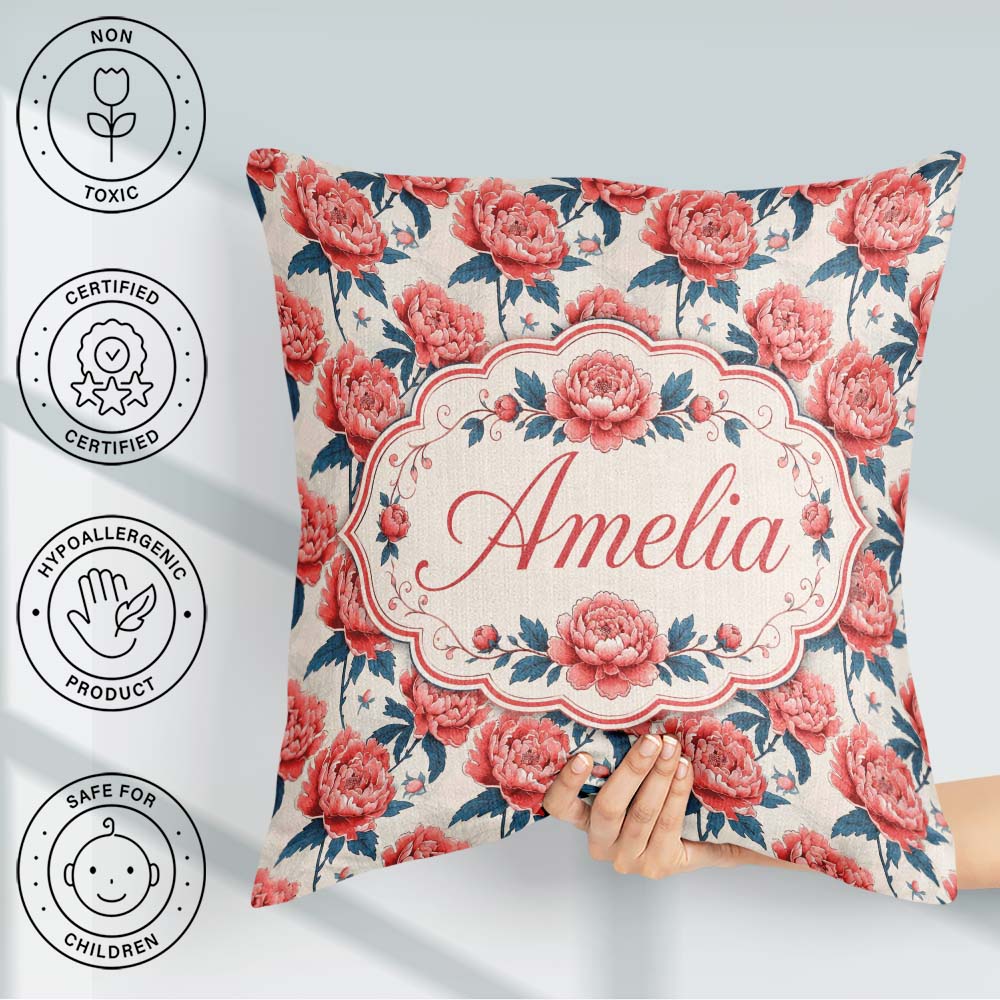 Custom Name Elegant Coral Flowers with Blue Leaves Soft Seamless Square Filled Cushion Throw Pillow Sofa Bed Home Decor Zip Washable UK Made