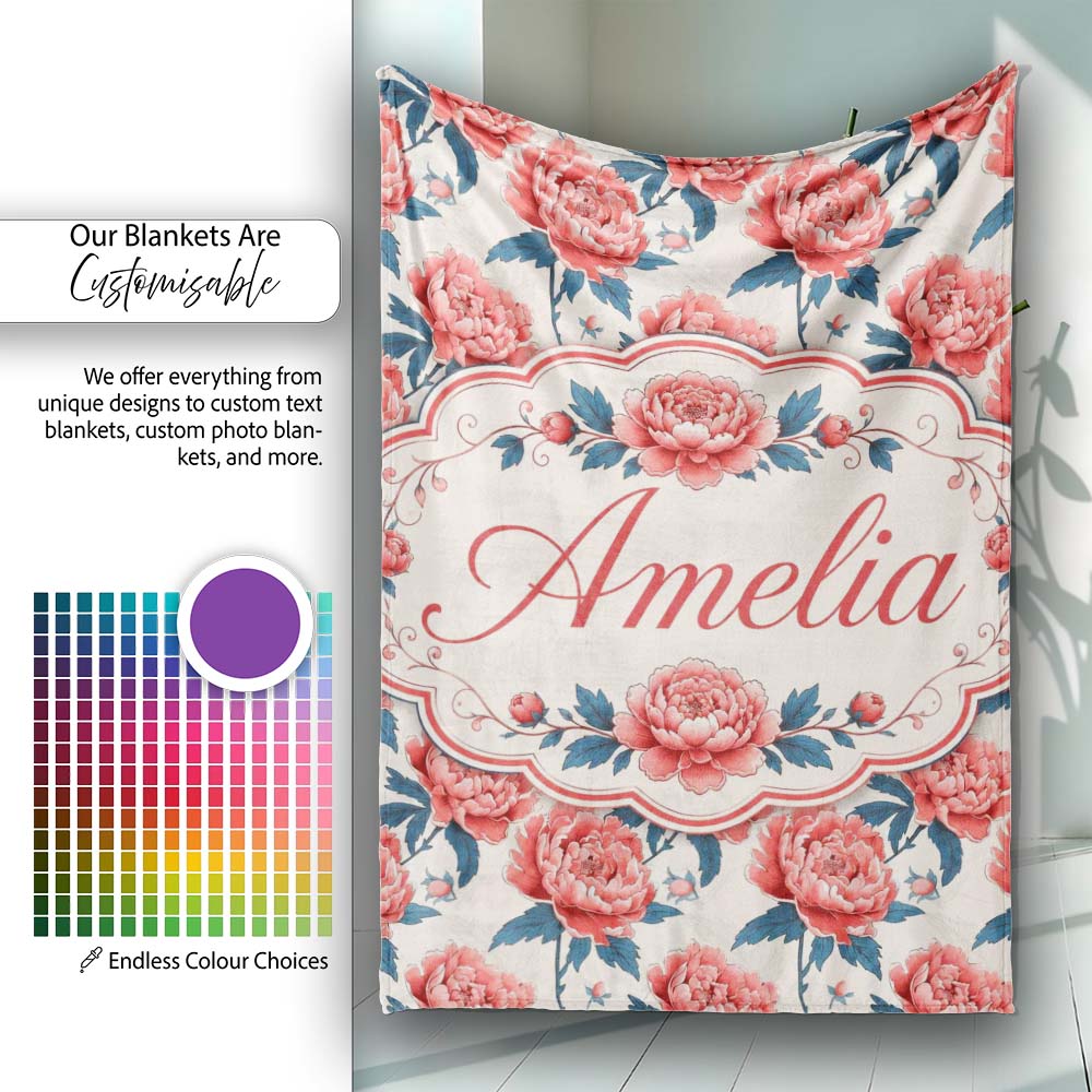 Elegant Coral Peony Flowers with Blue Leaves Soft Beige Seamless Personalised Custom Name Super Soft Fleece Blanket Bed Sofa Throw