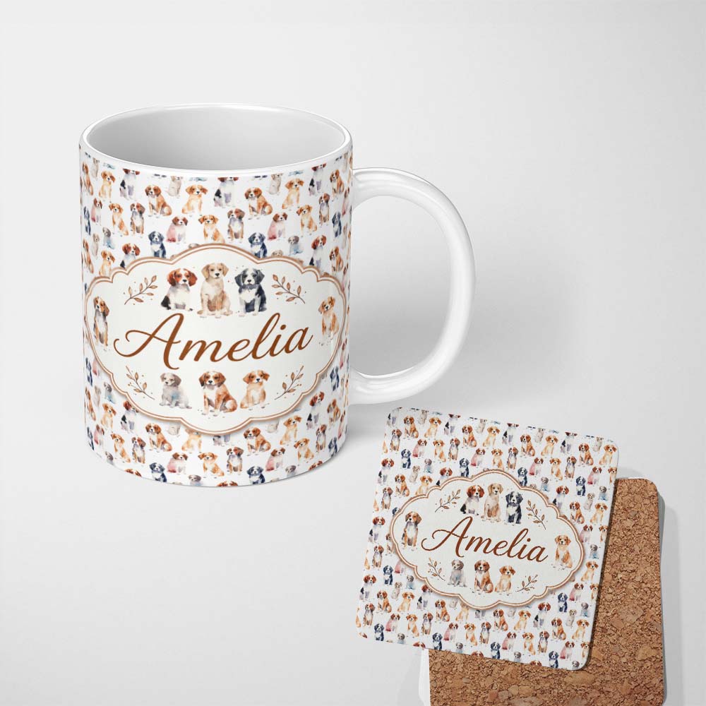 Personalized Custom Name Cute Watercolor Puppy Dogs on White Background Seamless Pattern Name 11oz Ceramic Coffee Tea Mug White Large Handle