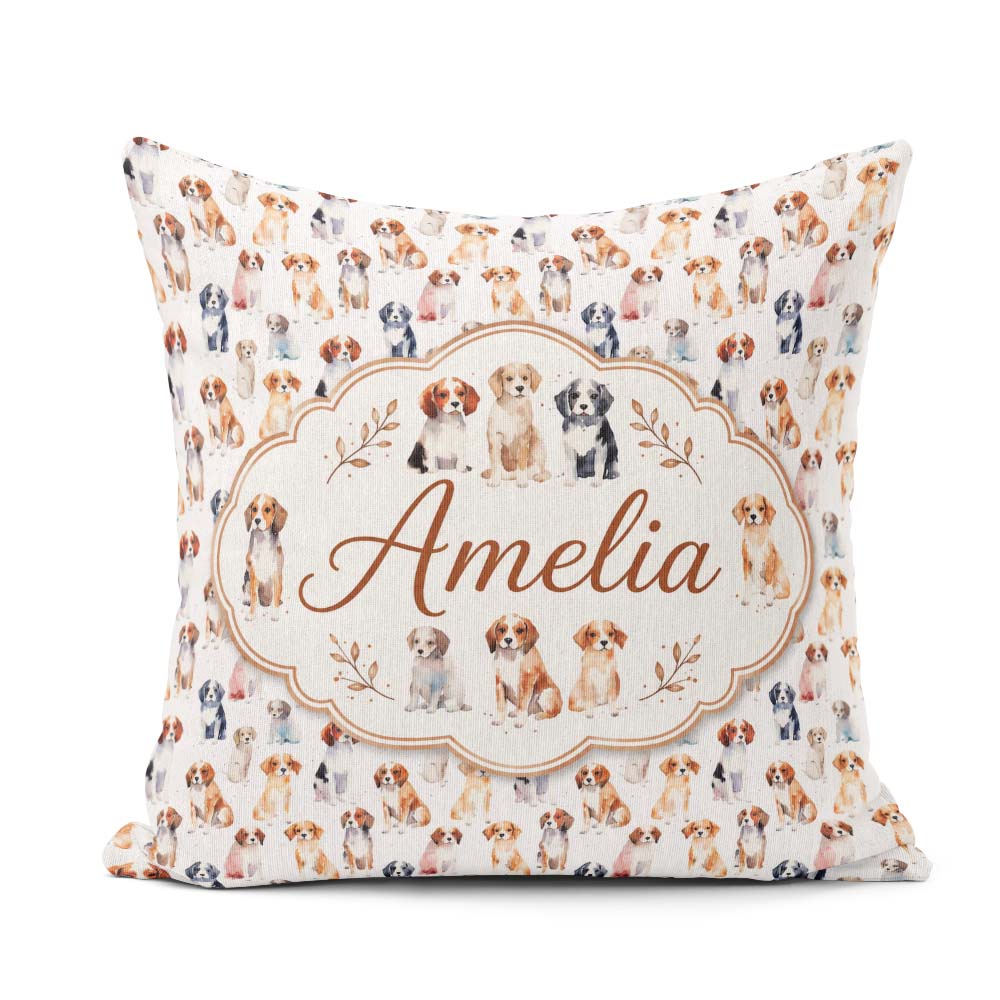 Custom Name Watercolor Puppy Dogs on White Seamless Pattern Name Square Filled Cushion Throw Pillow Sofa Bed Home Decor Zip Washable UK Made