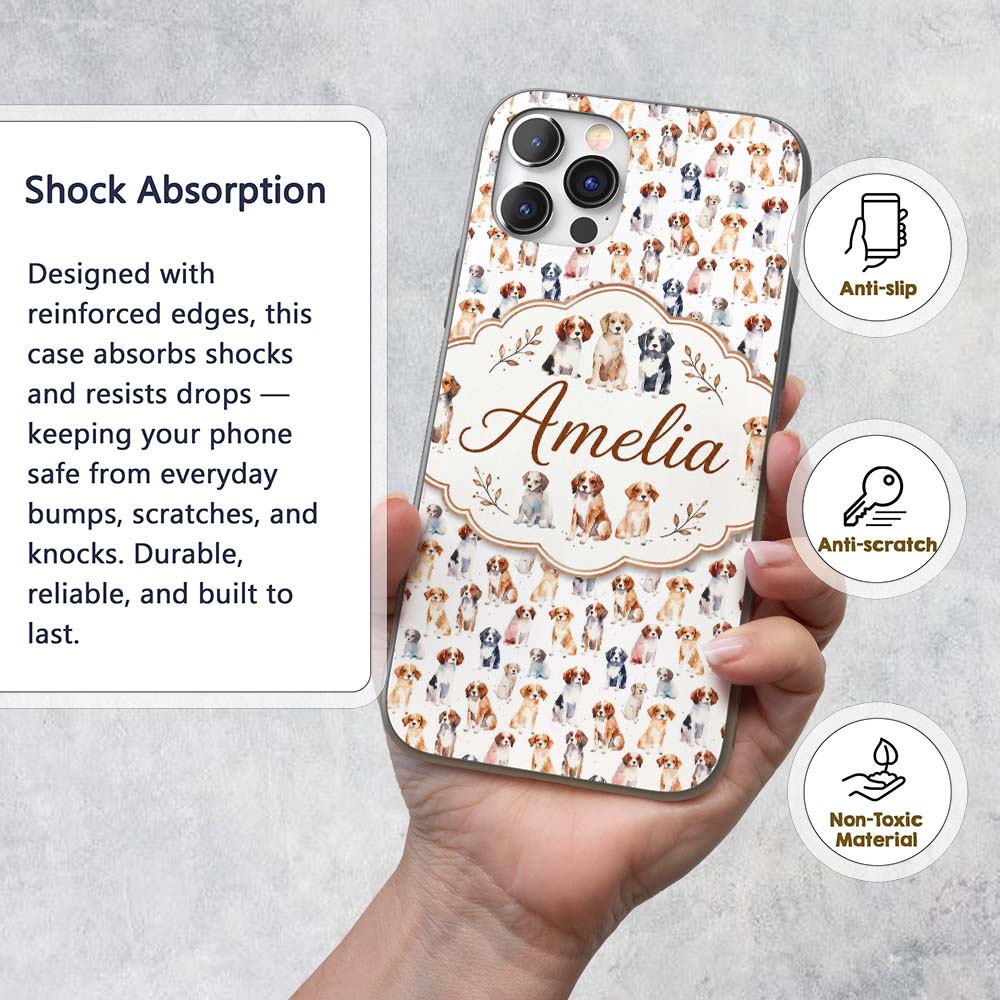 Cute Watercolor Puppy Dogs on White Background Custom Name Protective Phone Case Mobile Cover Durable Everyday Smartphone Shock Resistant